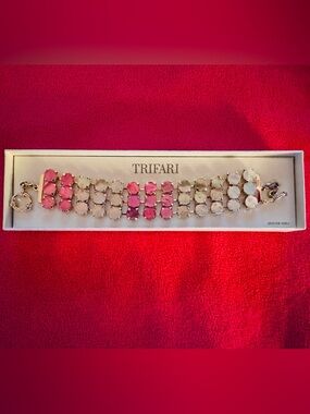 Trifari Pink and White Shell Gemstone Bracelet with Toggle Closure